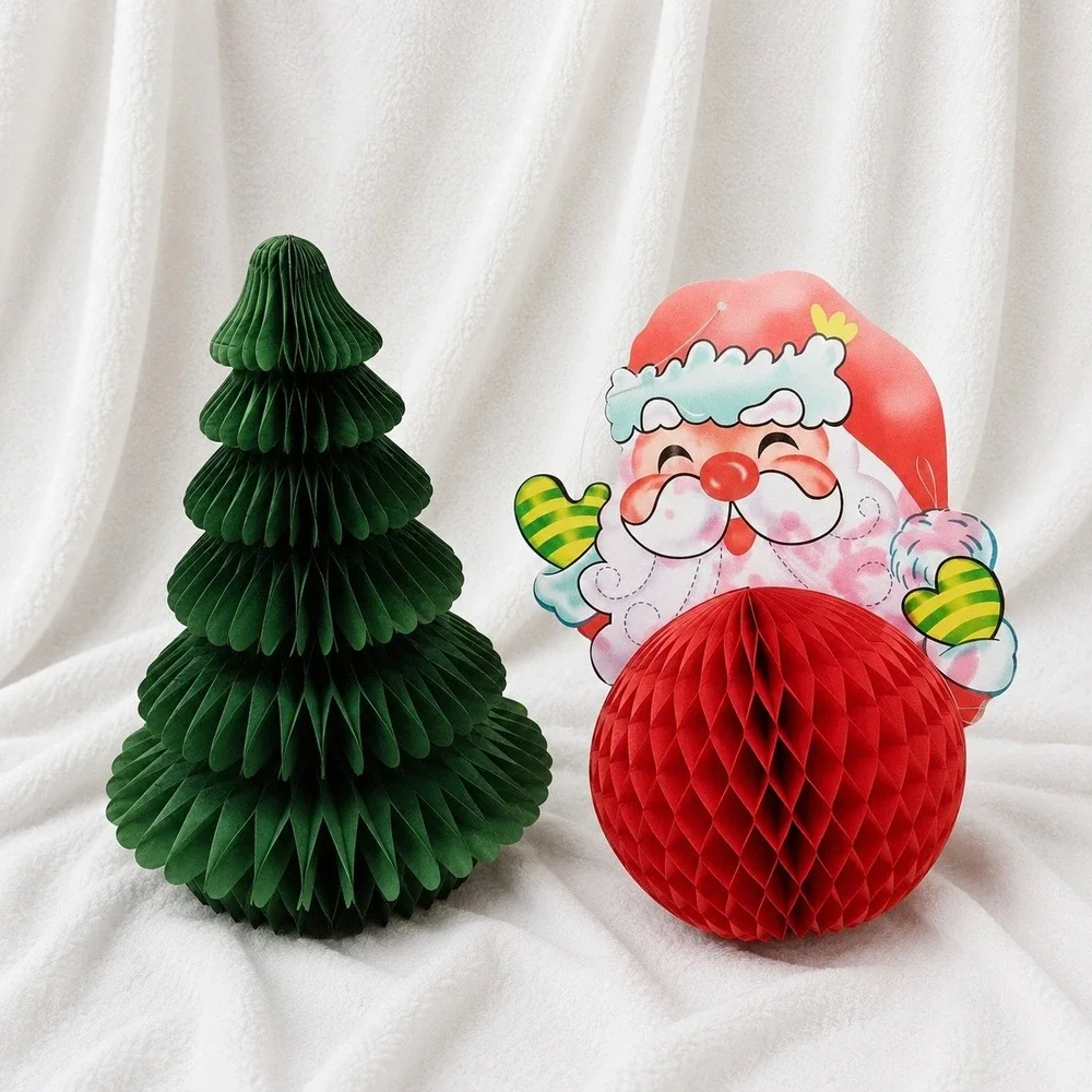 VTG Honeycomb Christmas Tree Santa Ball Decorations Set 60s/70s MCM Holiday Red